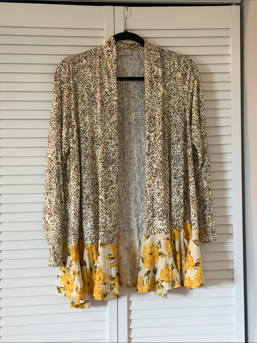 LOGO by Lori Goldstein Cream Cardigan with Yellow Floral Hem